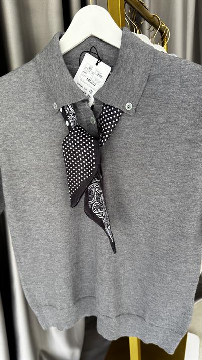 Premium Polo Yaka Fularlı Gri Triko