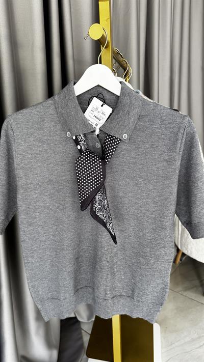 Premium Polo Yaka Fularlı Gri Triko