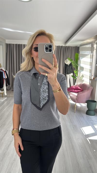 Premium Polo Yaka Fularlı Gri Triko
