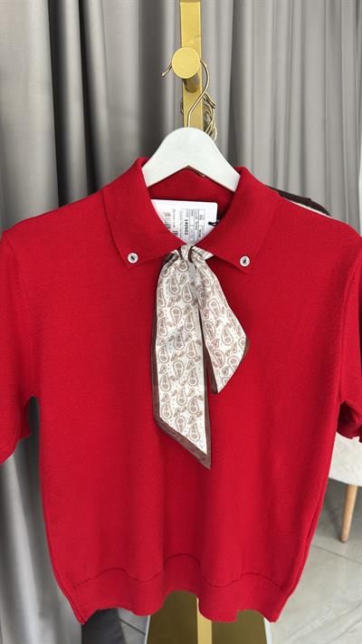 Premium Polo Yaka Fularlı Kırmızı Triko