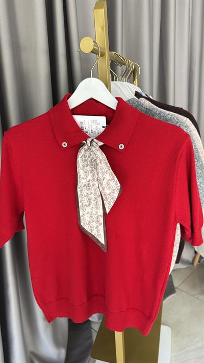 Premium Polo Yaka Fularlı Kırmızı Triko