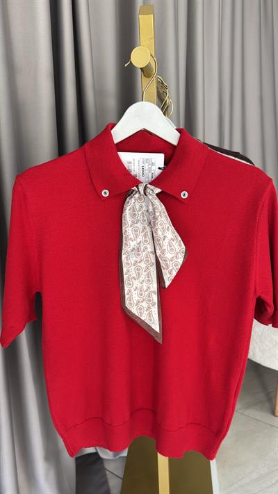 Premium Polo Yaka Fularlı Kırmızı Triko