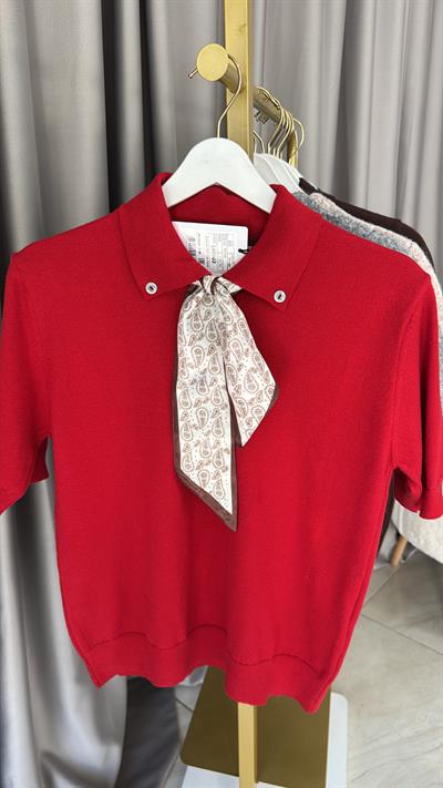 Premium Polo Yaka Fularlı Kırmızı Triko