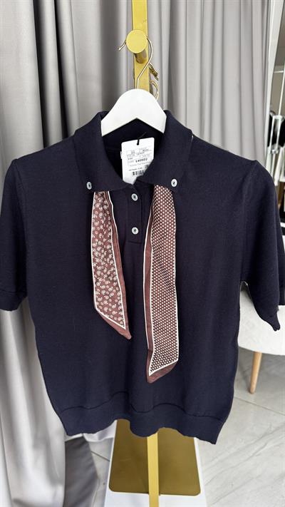 Premium Polo Yaka Fularlı Lacivert Triko