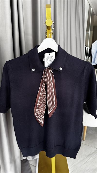 Premium Polo Yaka Fularlı Lacivert Triko