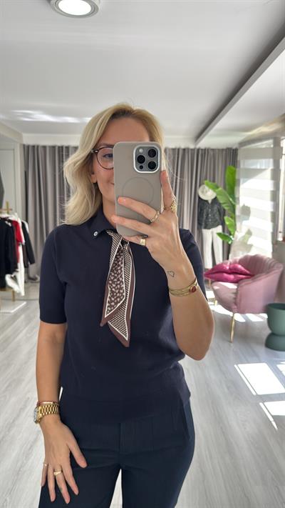 Premium Polo Yaka Fularlı Lacivert Triko