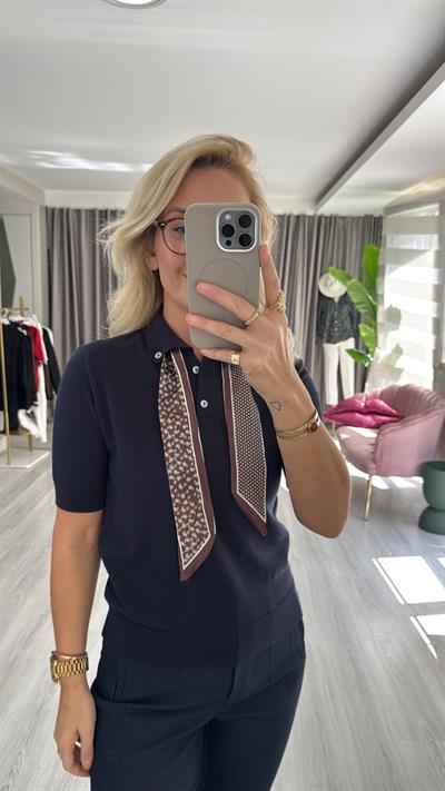 Premium Polo Yaka Fularlı Lacivert Triko