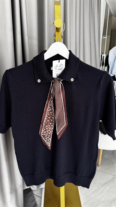 Premium Polo Yaka Fularlı Lacivert Triko