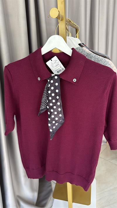 Premium Polo Yaka Fularlı Mürdüm Triko