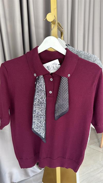 Premium Polo Yaka Fularlı Mürdüm Triko