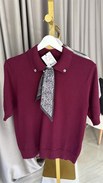 Premium Polo Yaka Fularlı Mürdüm Triko