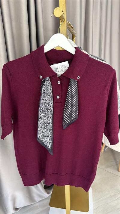 Premium Polo Yaka Fularlı Mürdüm Triko