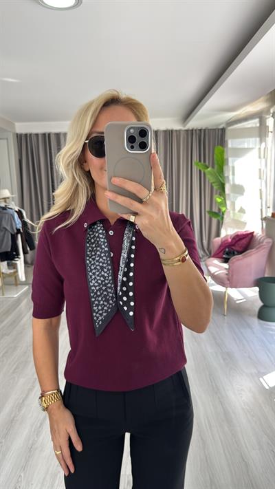 Premium Polo Yaka Fularlı Mürdüm Triko