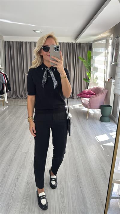 Premium Polo Yaka Fularlı Siyah Triko