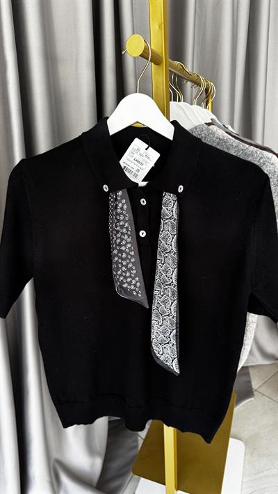 Premium Polo Yaka Fularlı Siyah Triko