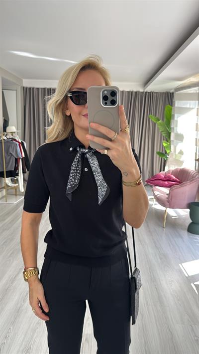 Premium Polo Yaka Fularlı Siyah Triko