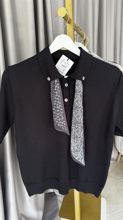 Premium Polo Yaka Fularlı Siyah Triko