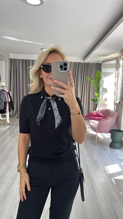 Premium Polo Yaka Fularlı Siyah Triko