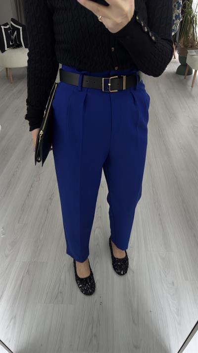 PREMİUM, SAKS MAVİSİ SİYAH KEMERLİ YÜKSEK BEL PANTOLON