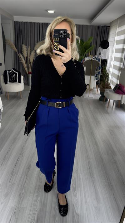 PREMİUM, SAKS MAVİSİ SİYAH KEMERLİ YÜKSEK BEL PANTOLON