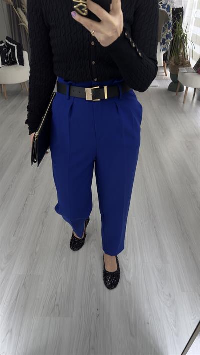 PREMİUM, SAKS MAVİSİ SİYAH KEMERLİ YÜKSEK BEL PANTOLON