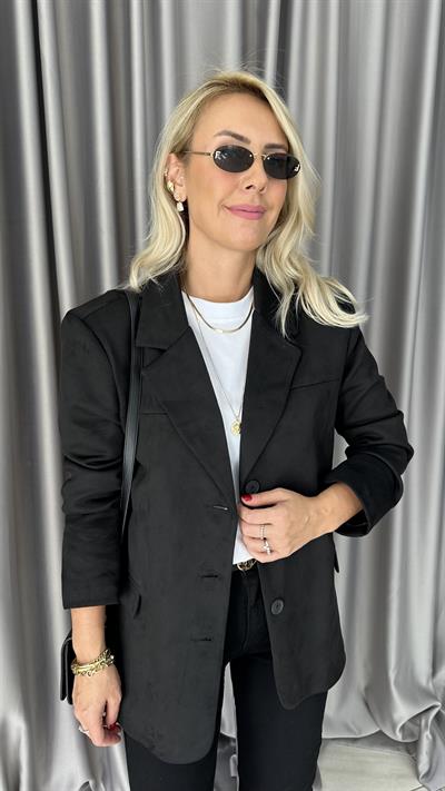 Premium Seri 3 Düğmeli Siyah Süet Ceket