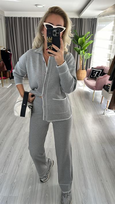 Premium Seri Beyaz Biye Detaylı Gri Triko Takım