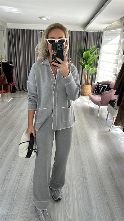 Premium Seri Beyaz Biye Detaylı Gri Triko Takım