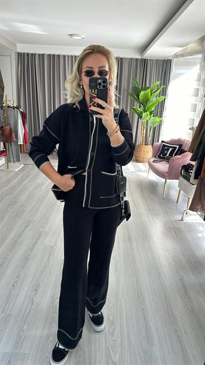 Premium Seri Beyaz Biye Detaylı Siyah Triko Takım