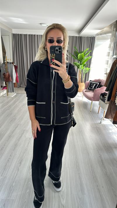 Premium Seri Beyaz Biye Detaylı Siyah Triko Takım