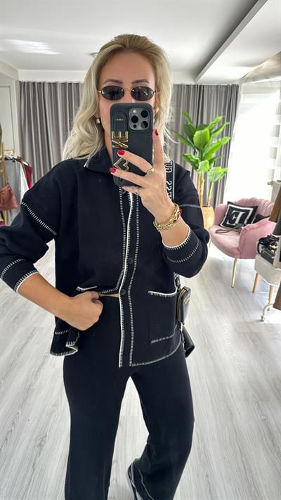 Premium Seri Beyaz Biye Detaylı Siyah Triko Takım