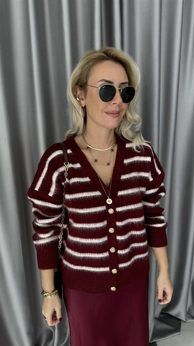 Premium Seri Beyaz Çizgili Bordo Triko Ceket