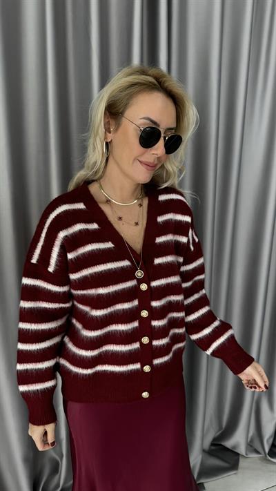 Premium Seri Beyaz Çizgili Bordo Triko Ceket