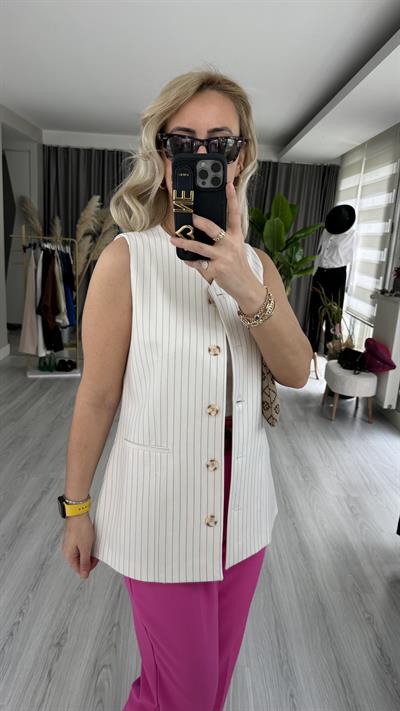 PREMİUM SERİ BOYUNA LACİVERT ÇİZGİLİ EKRU YELEK