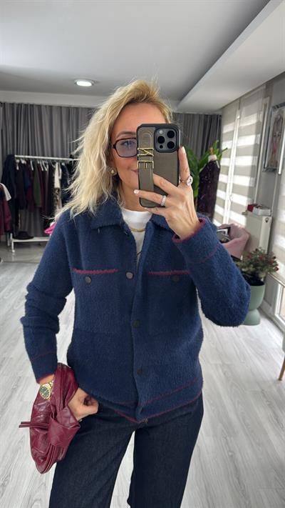 Premium Seri Cepli Bordo Biyeli Lacivert Triko Ceket