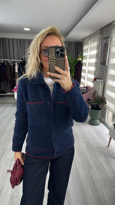 Premium Seri Cepli Bordo Biyeli Lacivert Triko Ceket