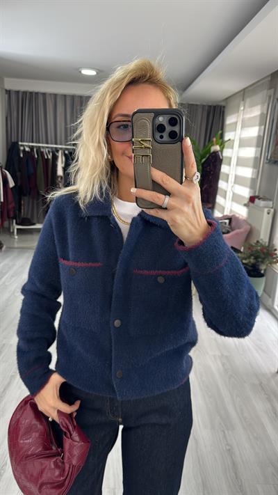 Premium Seri Cepli Bordo Biyeli Lacivert Triko Ceket