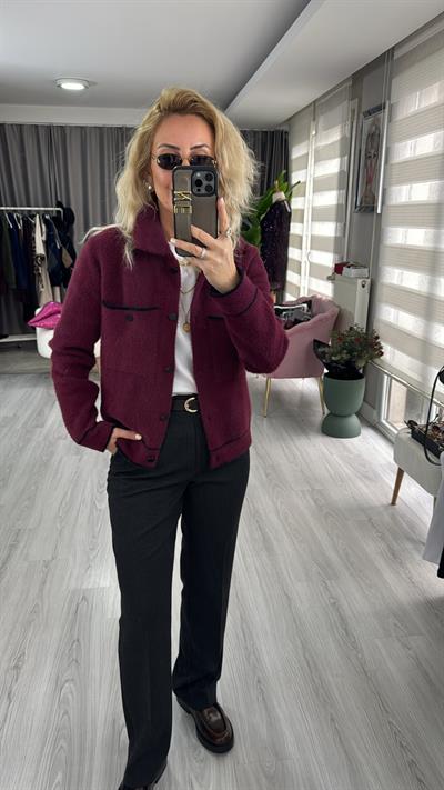 Premium Seri Cepli Siyah Biyeli Bordo Triko Ceket