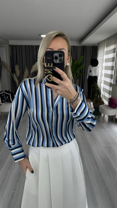 PREMİUM SERİ ÇİZGİLİ TOK DOKULU LACİVERT SATEN GÖMLEK