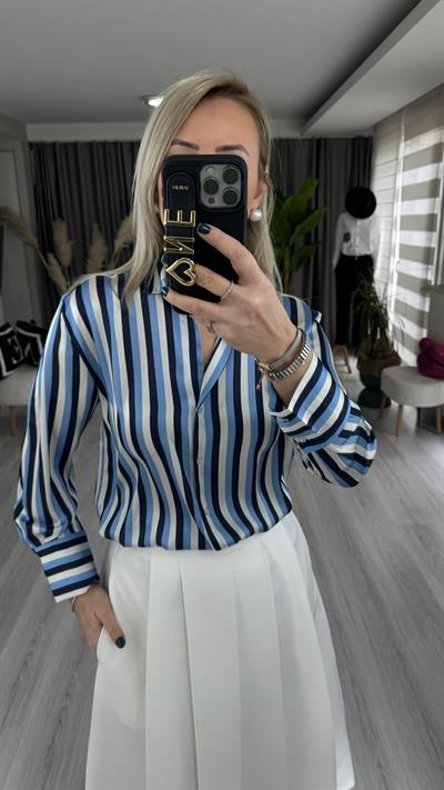 PREMİUM SERİ ÇİZGİLİ TOK DOKULU LACİVERT SATEN GÖMLEK