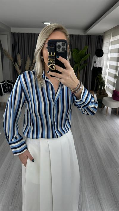 PREMİUM SERİ ÇİZGİLİ TOK DOKULU LACİVERT SATEN GÖMLEK