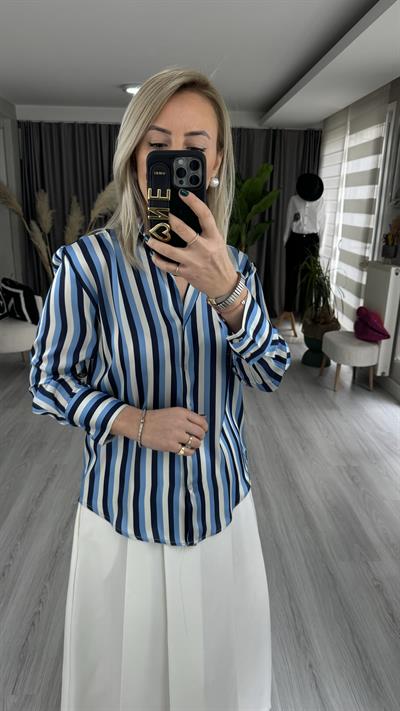 PREMİUM SERİ ÇİZGİLİ TOK DOKULU LACİVERT SATEN GÖMLEK