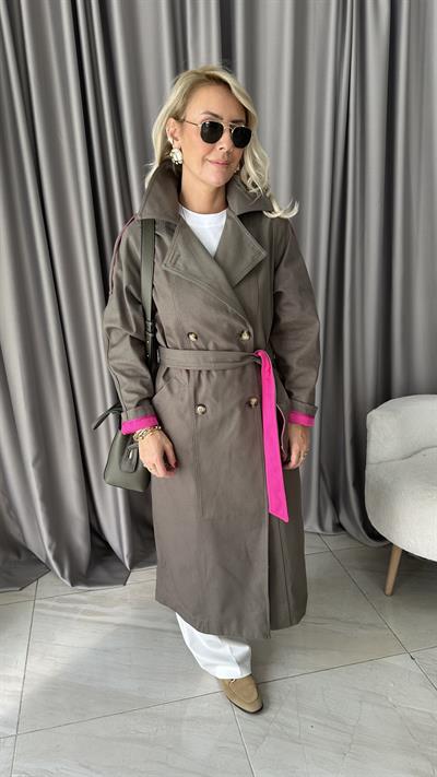 Premium Seri Fuşya Astarlı Haki Trençkot