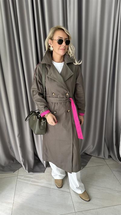 Premium Seri Fuşya Astarlı Haki Trençkot