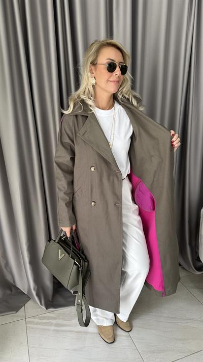 Premium Seri Fuşya Astarlı Haki Trençkot