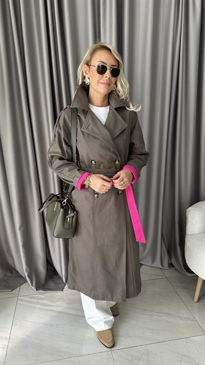Premium Seri Fuşya Astarlı Haki Trençkot