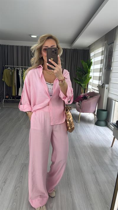 Premium Seri Gömlek Pantolon Pembe Takım