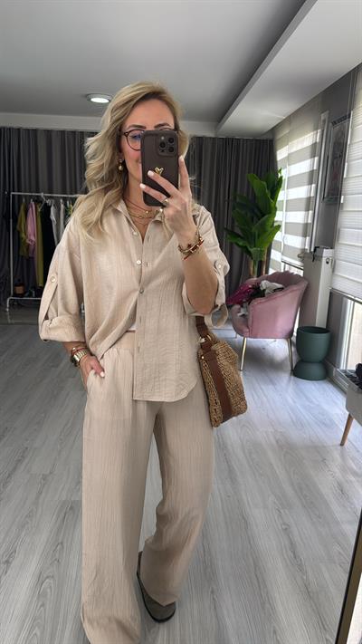 Premium Seri Gömlek Pantolon Taş Rengi Takım