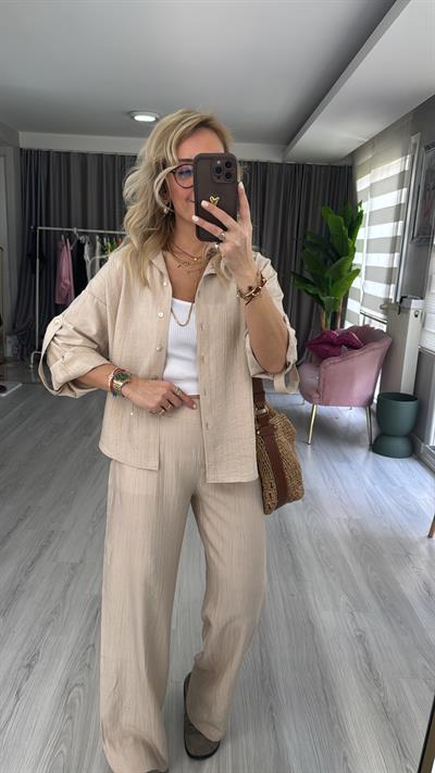 Premium Seri Gömlek Pantolon Taş Rengi Takım