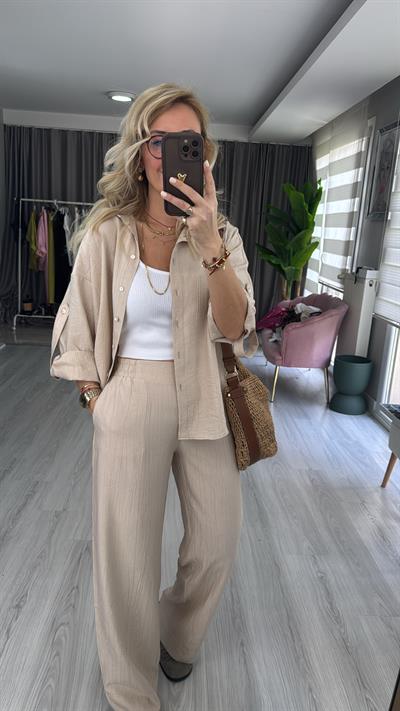 Premium Seri Gömlek Pantolon Taş Rengi Takım